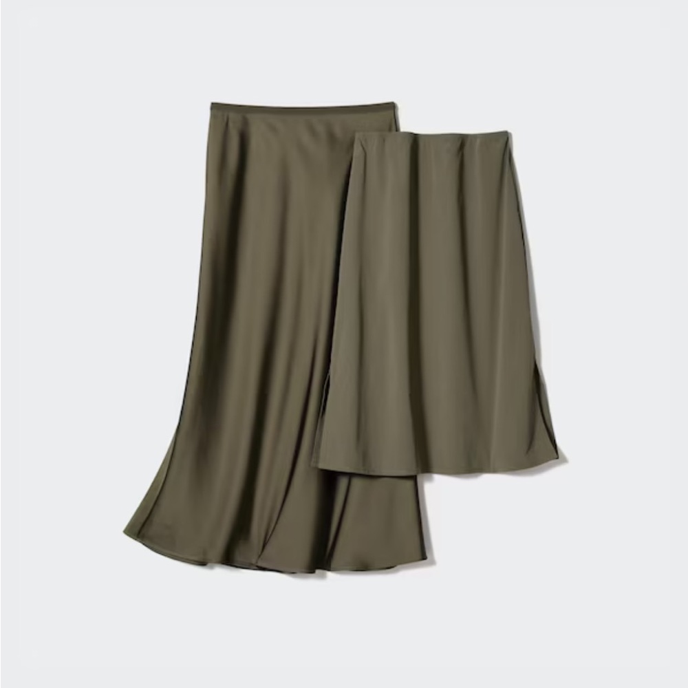 Uniqlo Midi Satin Skirt in Olive Green, Size M